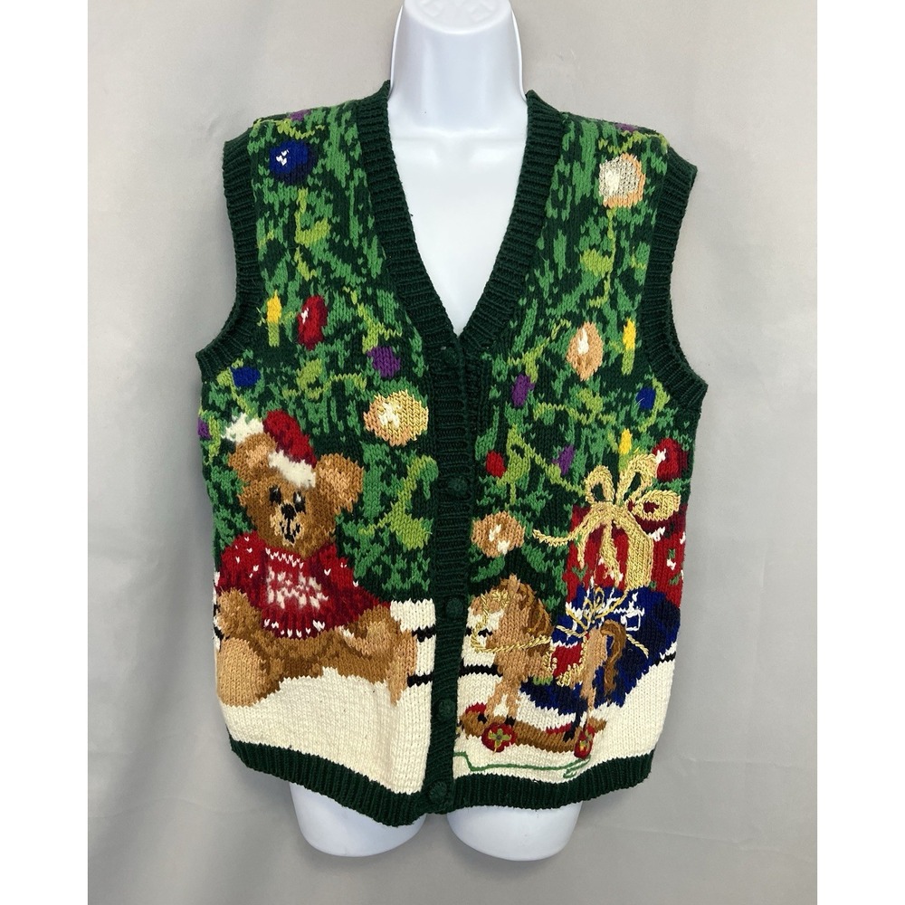 Vintage Womens TIARA Ugly Christmas Vest Small Grannycore 90's Green Y2K